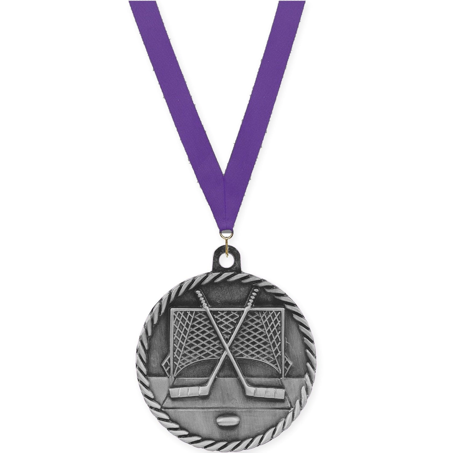 2 inch hockey High Relief medal in antique silver with Purple neck ribbon