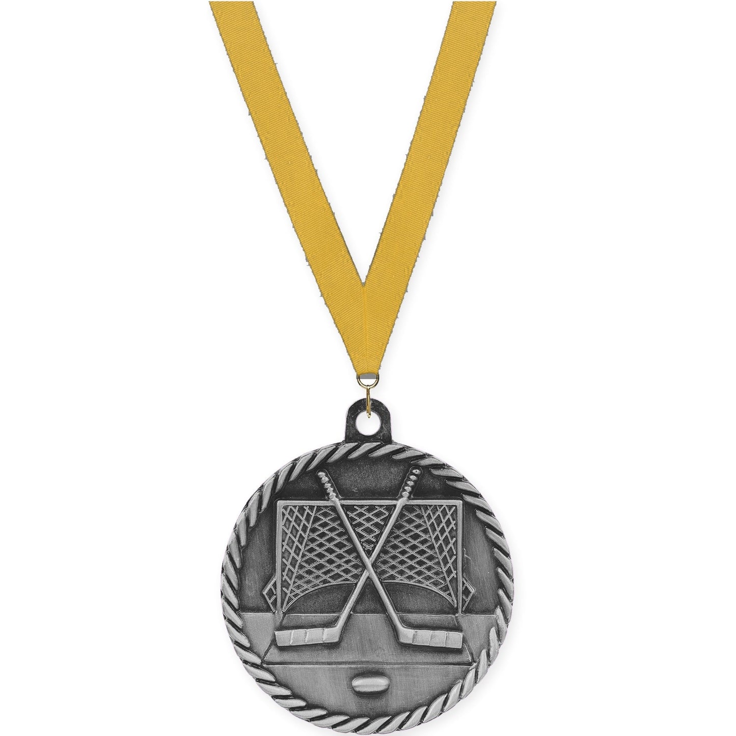 2 inch hockey High Relief medal in antique silver with Gold neck ribbon