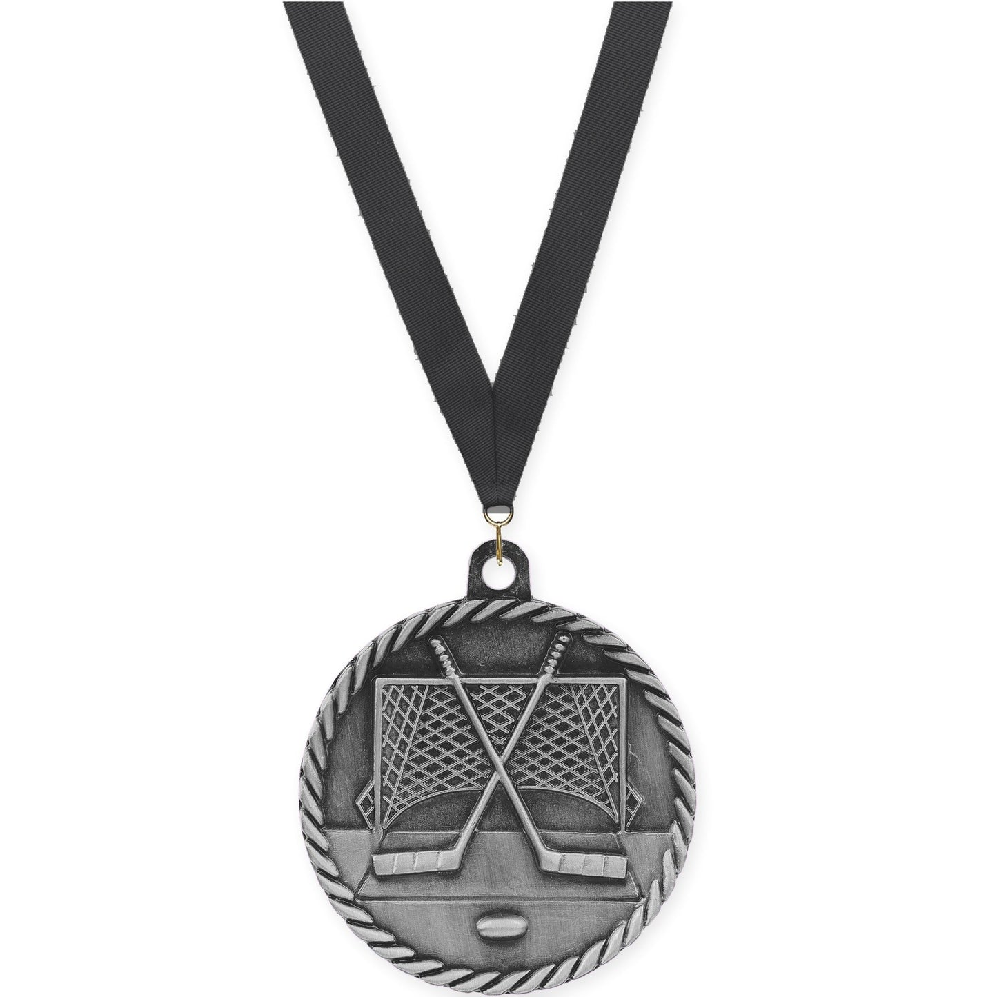 2 inch hockey High Relief medal in antique silver with Black neck ribbon