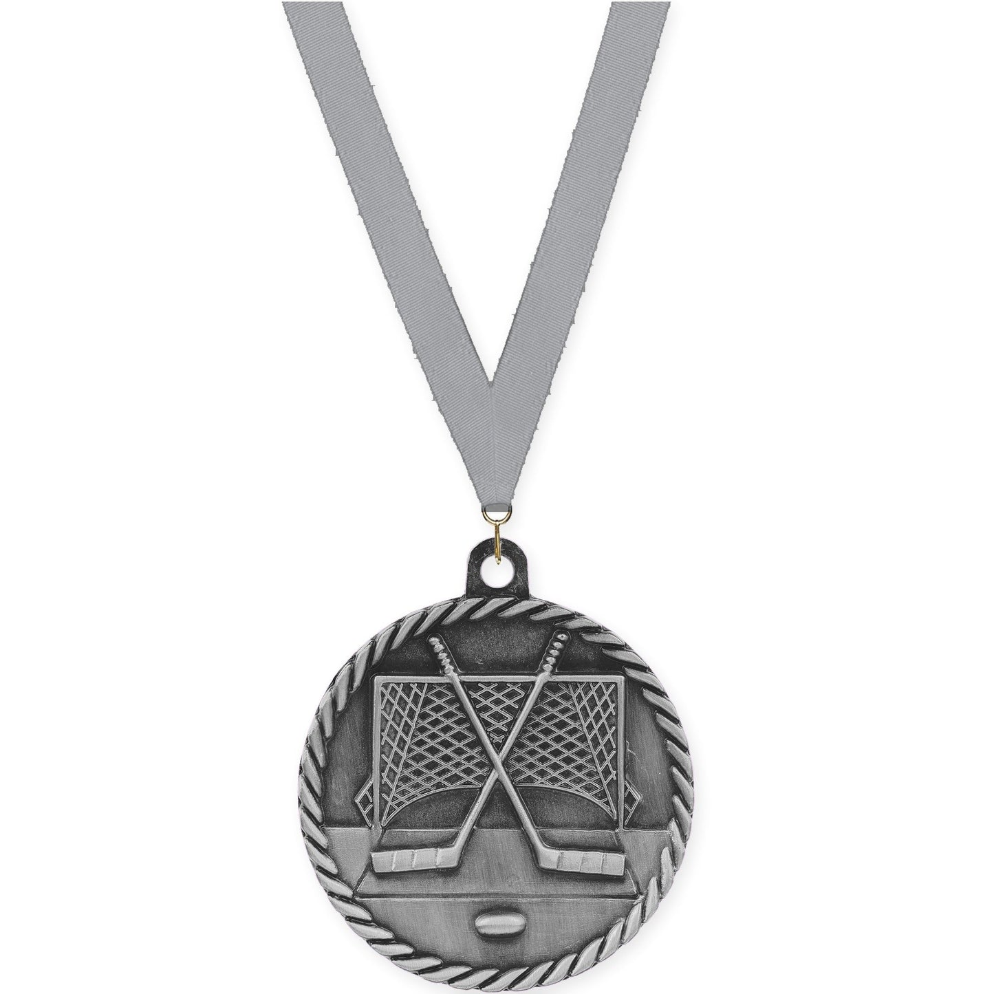 2 inch hockey High Relief medal in antique silver with Gray neck ribbon