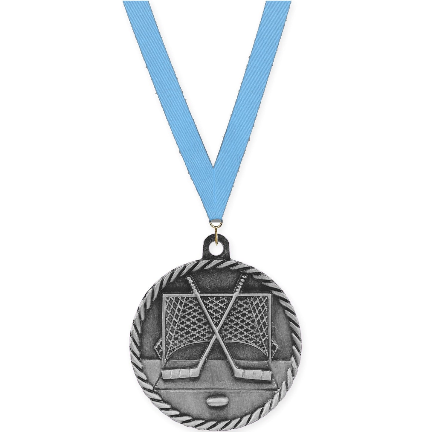 2 inch hockey High Relief medal in antique silver with Light Blue neck ribbon