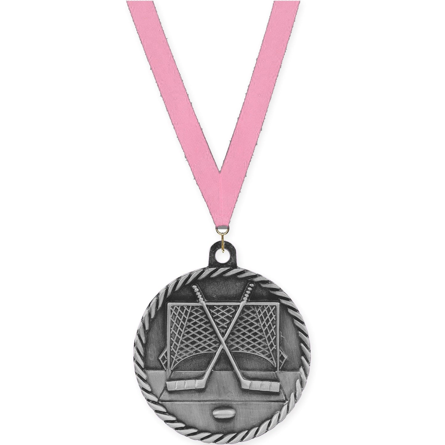 2 inch hockey High Relief medal in antique silver with Pink neck ribbon