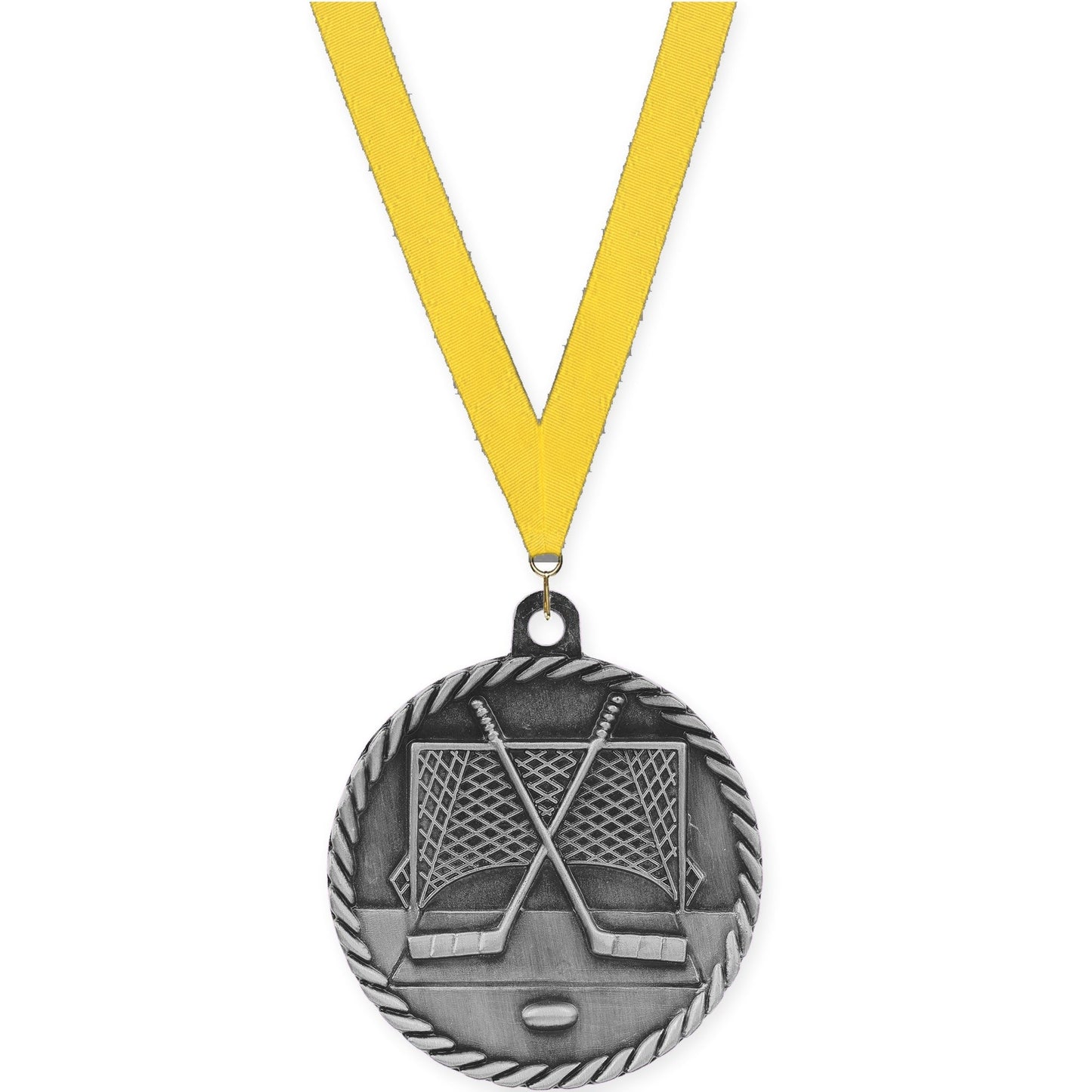 2 inch hockey High Relief medal in antique silver with Yellow neck ribbon