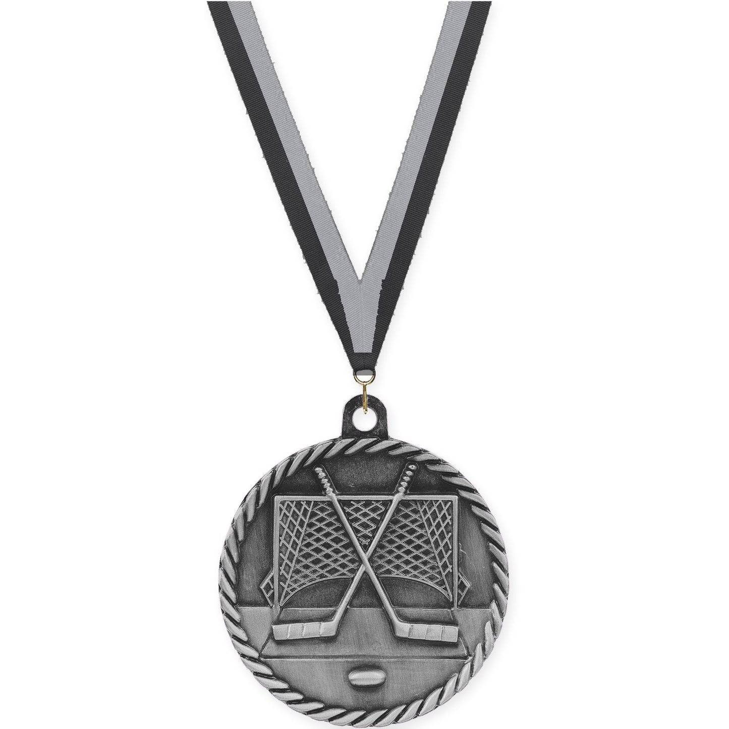 2 inch hockey High Relief medal in antique silver with Black Gray neck ribbon