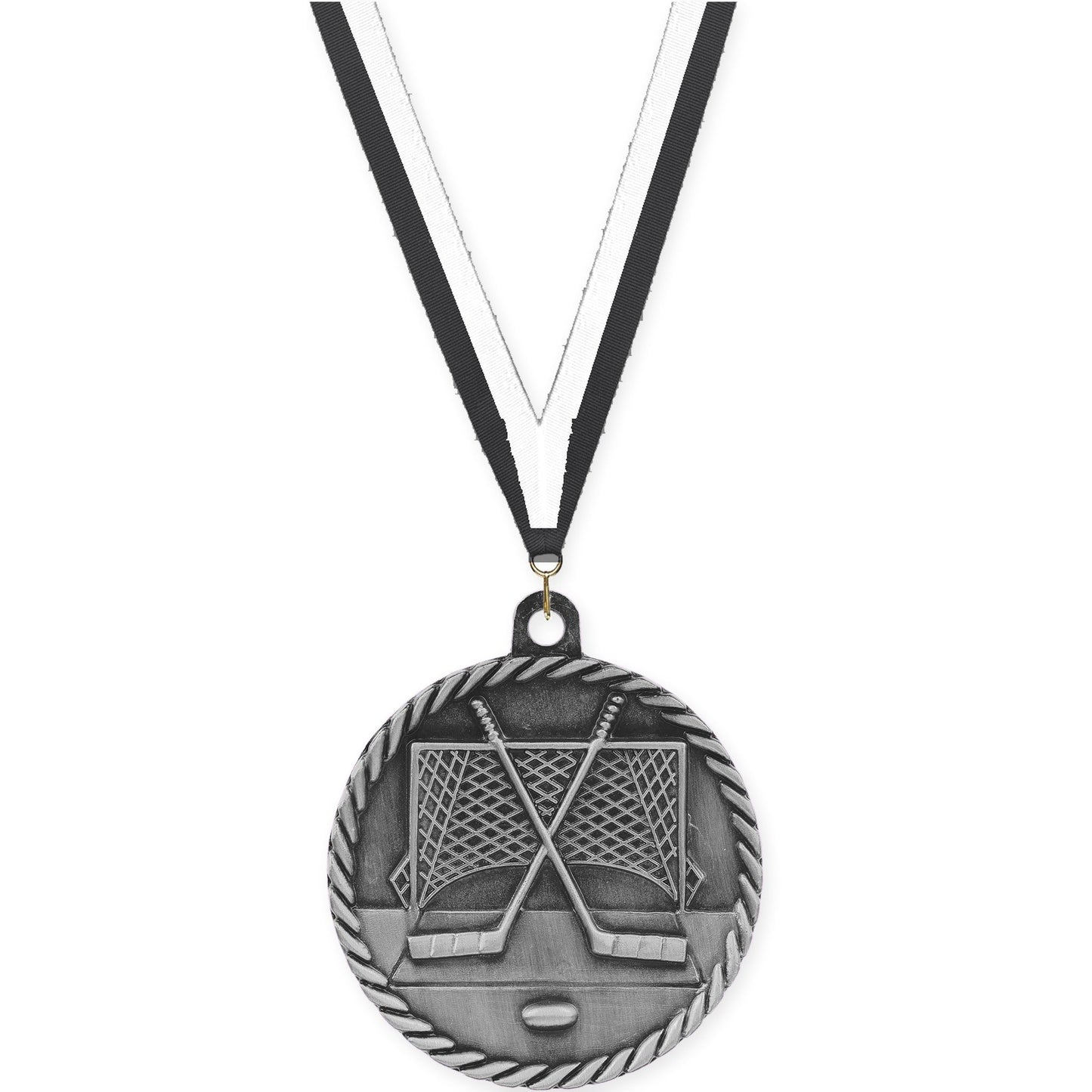 2 inch hockey High Relief medal in antique silver with Black White neck ribbon