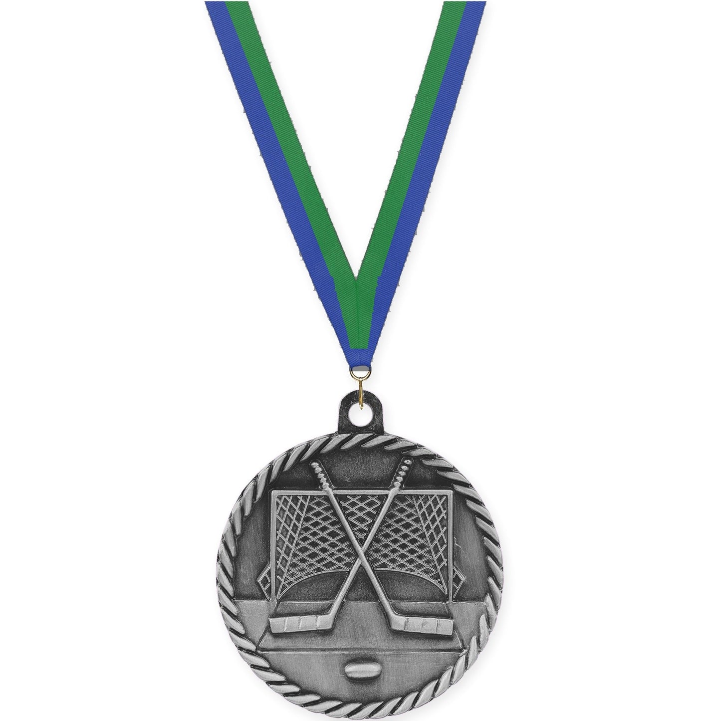 2 inch hockey High Relief medal in antique silver with Blue Green neck ribbon