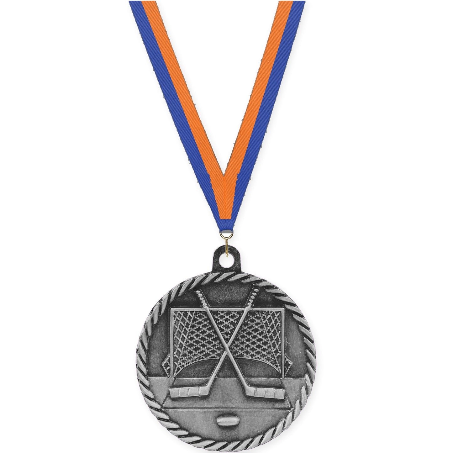 2 inch hockey High Relief medal in antique silver with Blue Orange neck ribbon