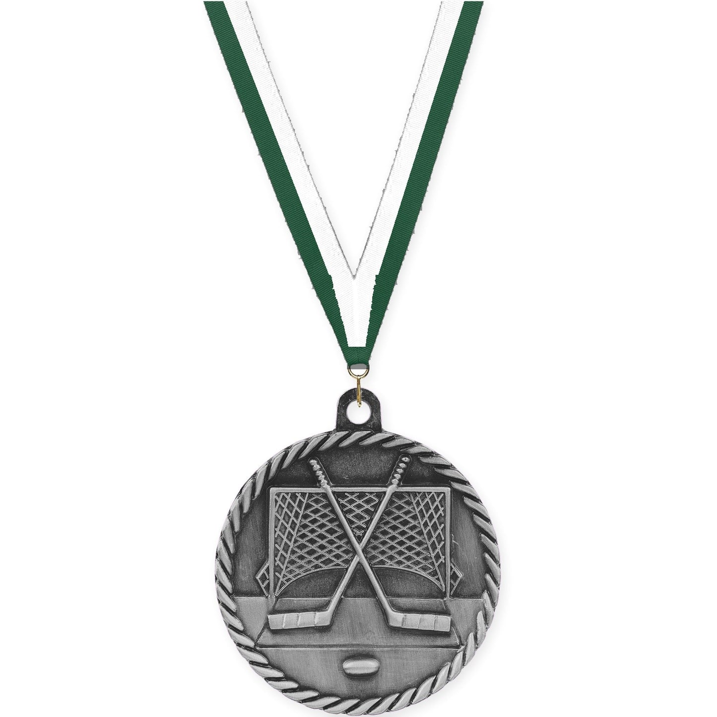 2 inch hockey High Relief medal in antique silver with Hunter Green White neck ribbon