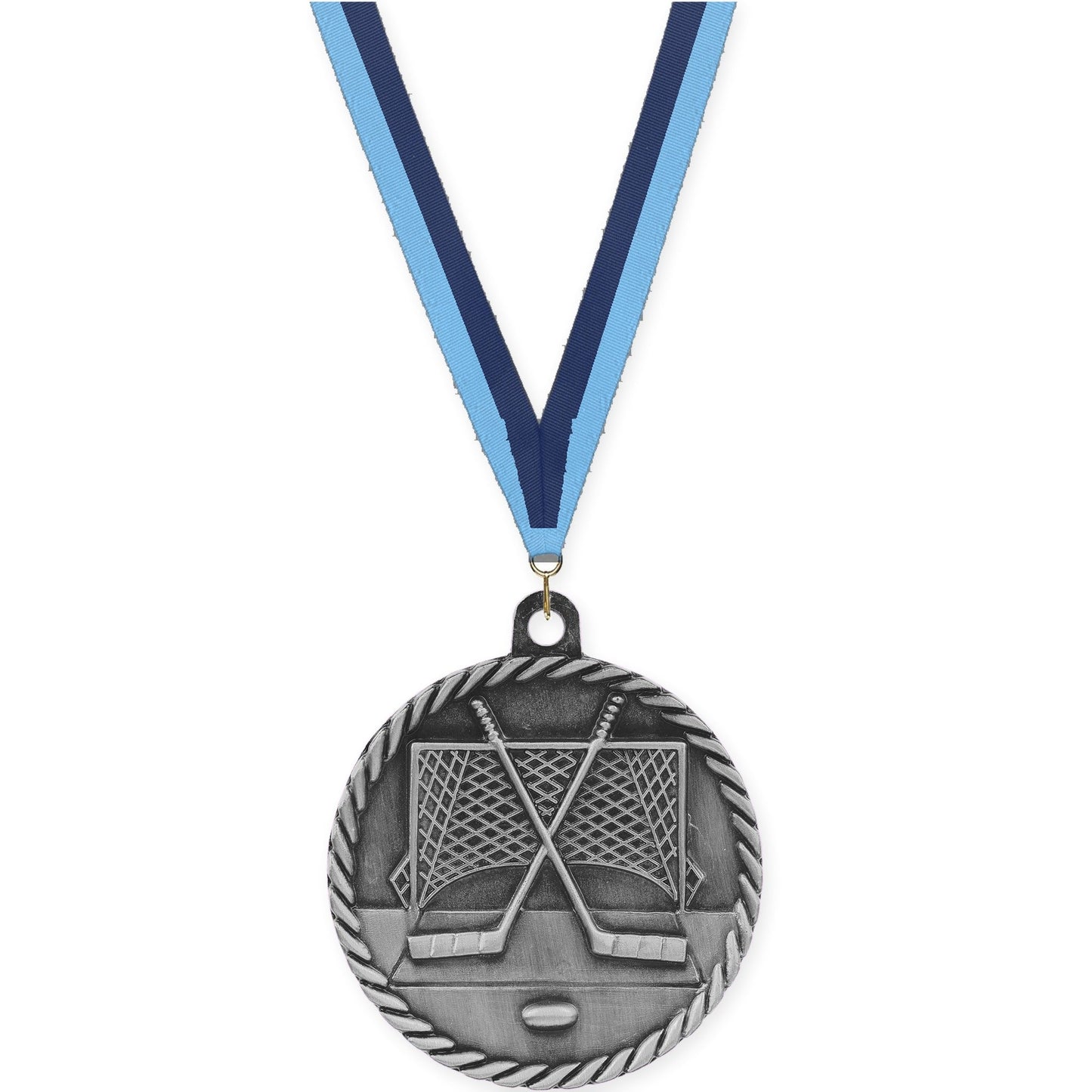 2 inch hockey High Relief medal in antique silver with Light Blue Navy neck ribbon