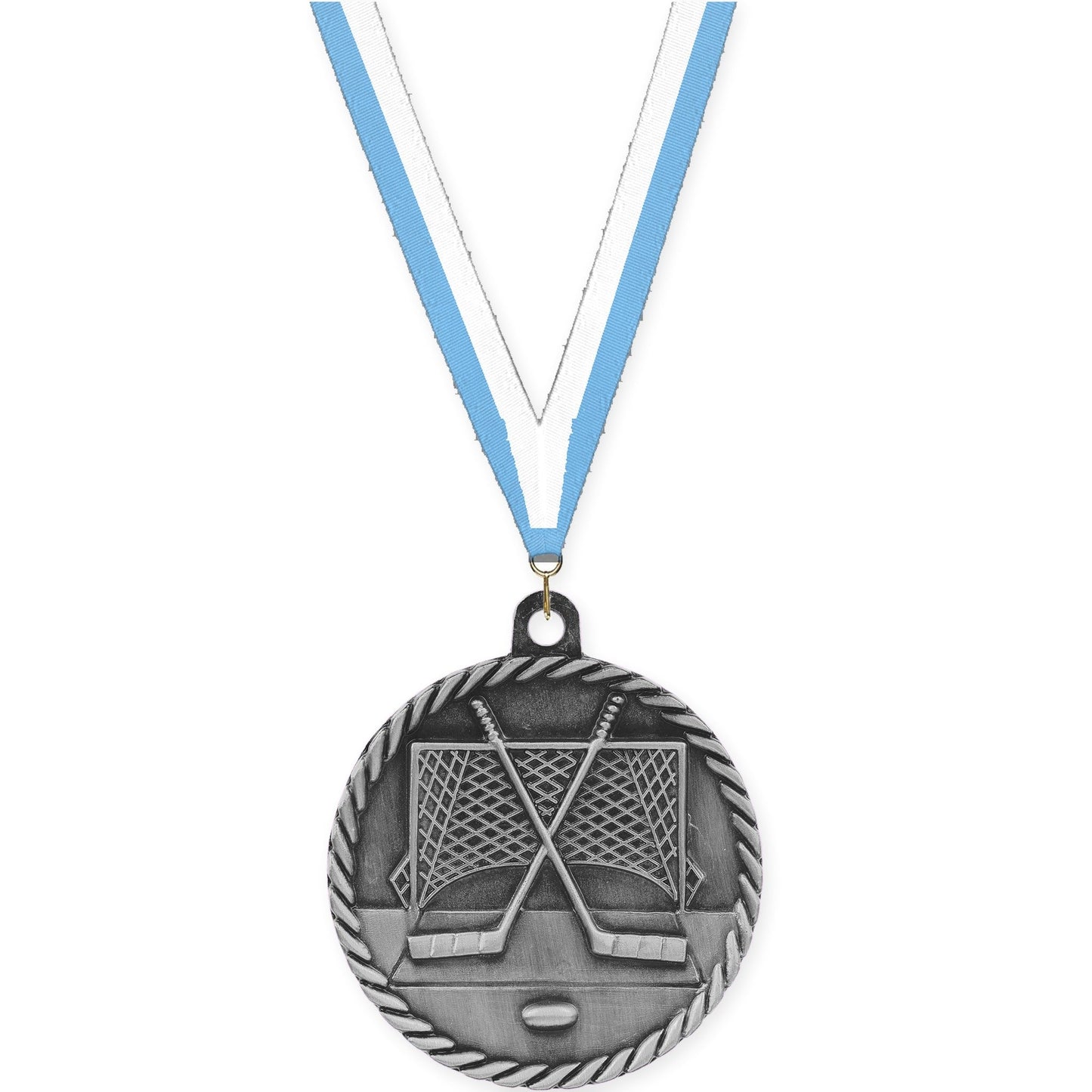 2 inch hockey High Relief medal in antique silver with Light Blue White neck ribbon