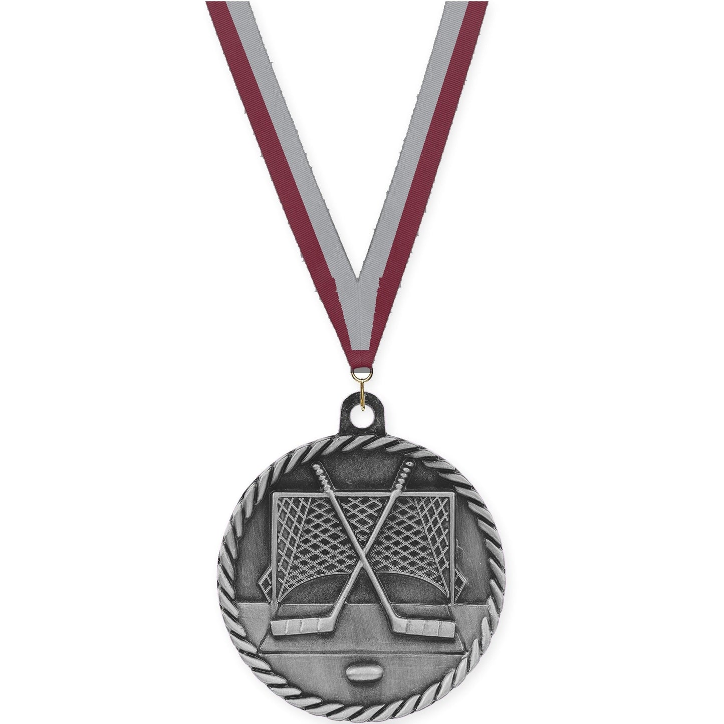 2 inch hockey High Relief medal in antique silver with Maroon Gray neck ribbon