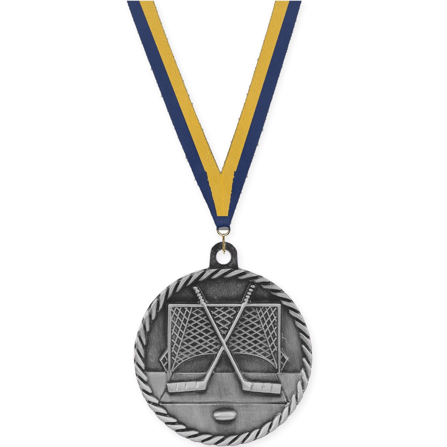 2 inch hockey High Relief medal in antique silver with Navy Gold neck ribbon
