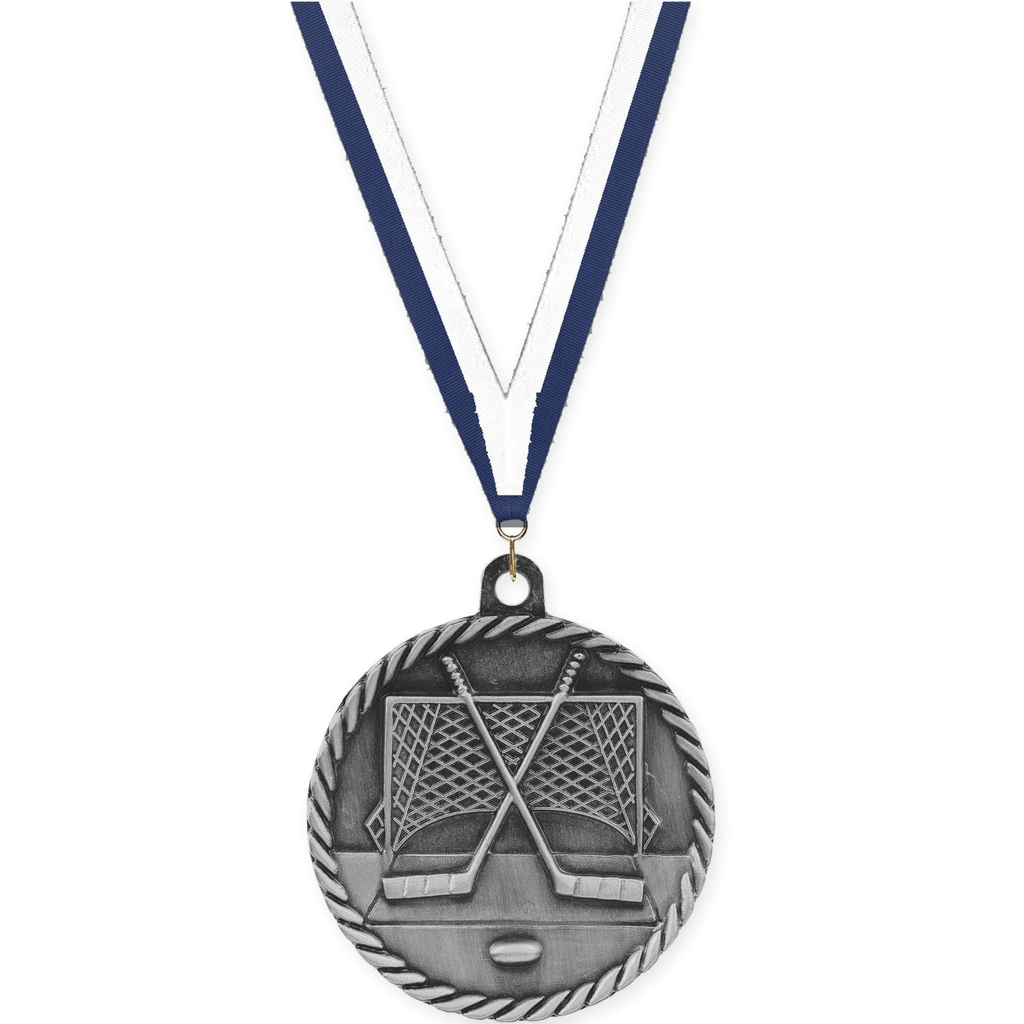 2 inch hockey High Relief medal in antique silver with Navy White neck ribbon