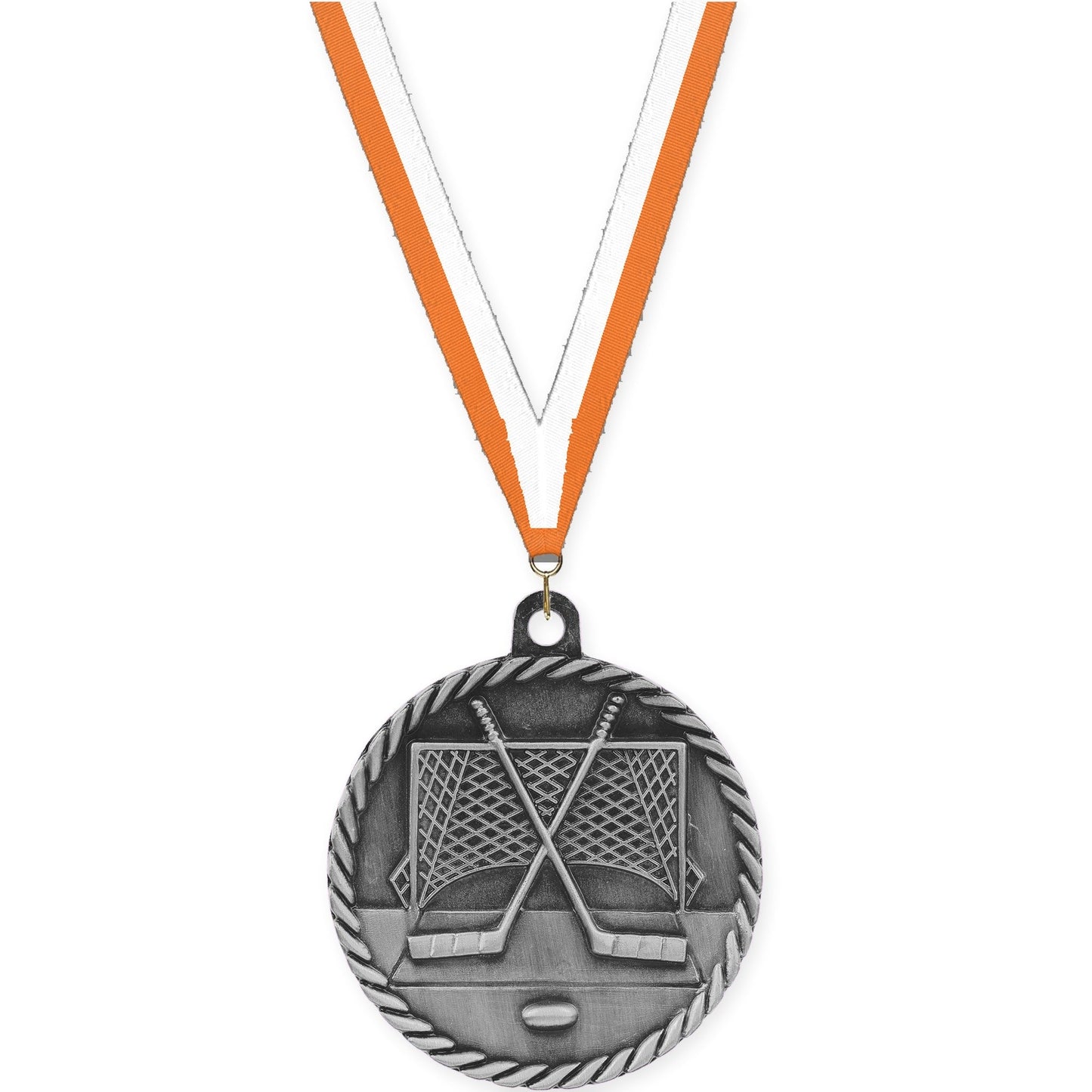 2 inch hockey High Relief medal in antique silver with Orange White neck ribbon