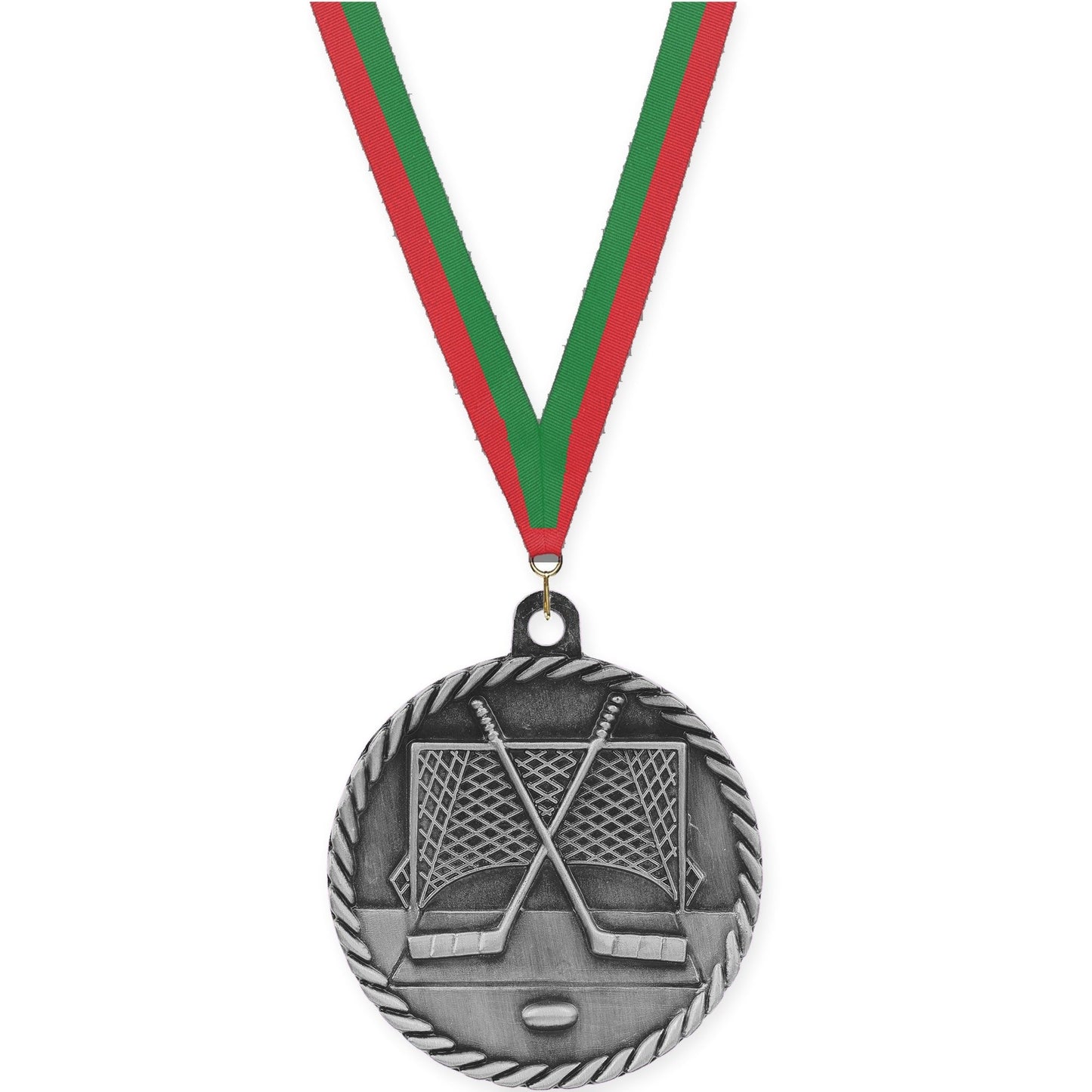 2 inch hockey High Relief medal in antique silver with Red Green neck ribbon