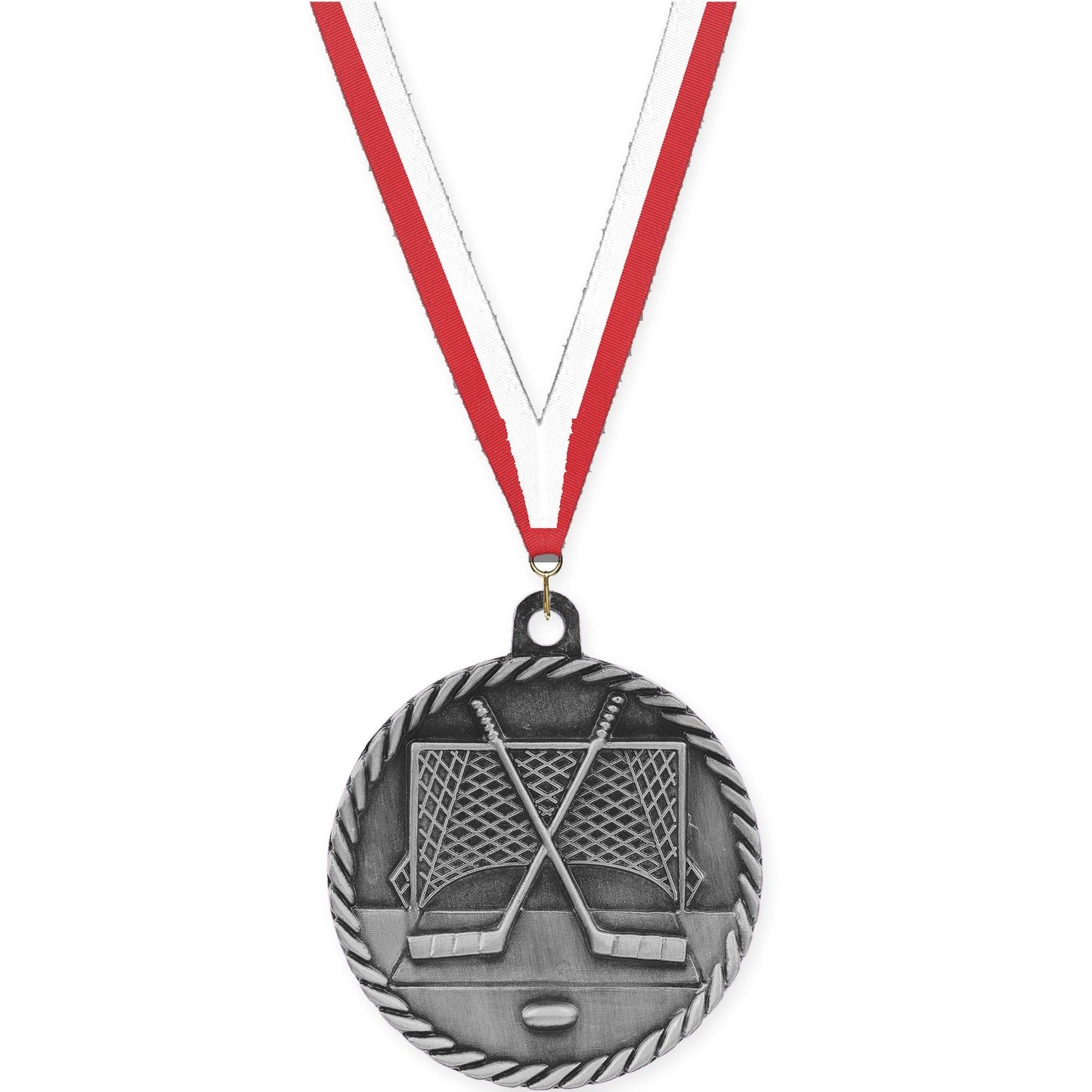 2 inch hockey High Relief medal in antique silver with Red White neck ribbon