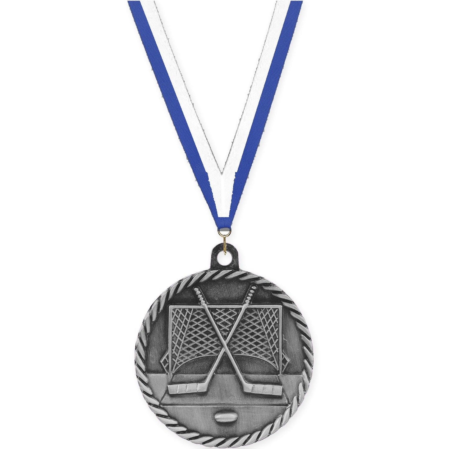 2 inch hockey High Relief medal in antique silver with Blue White neck ribbon
