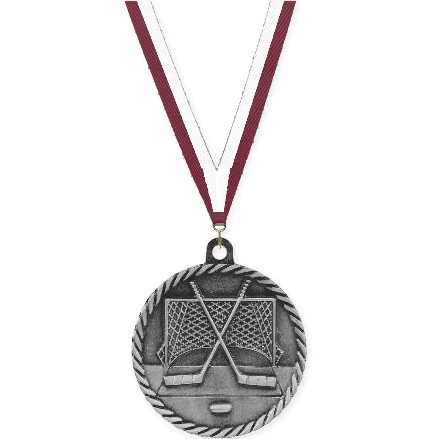 2 inch hockey High Relief medal in antique silver with Maroon White neck ribbon