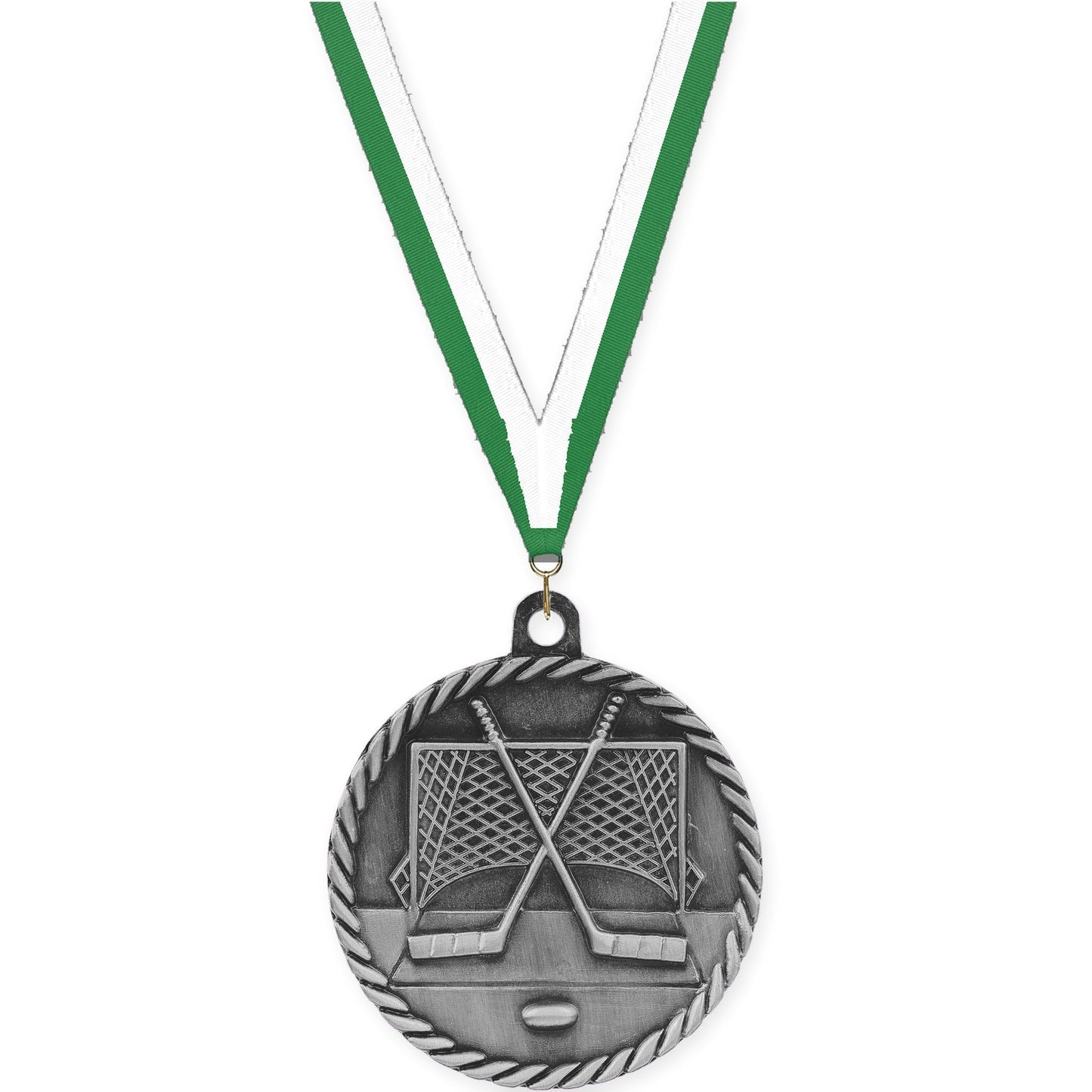 2 inch hockey High Relief medal in antique silver with Green White neck ribbon