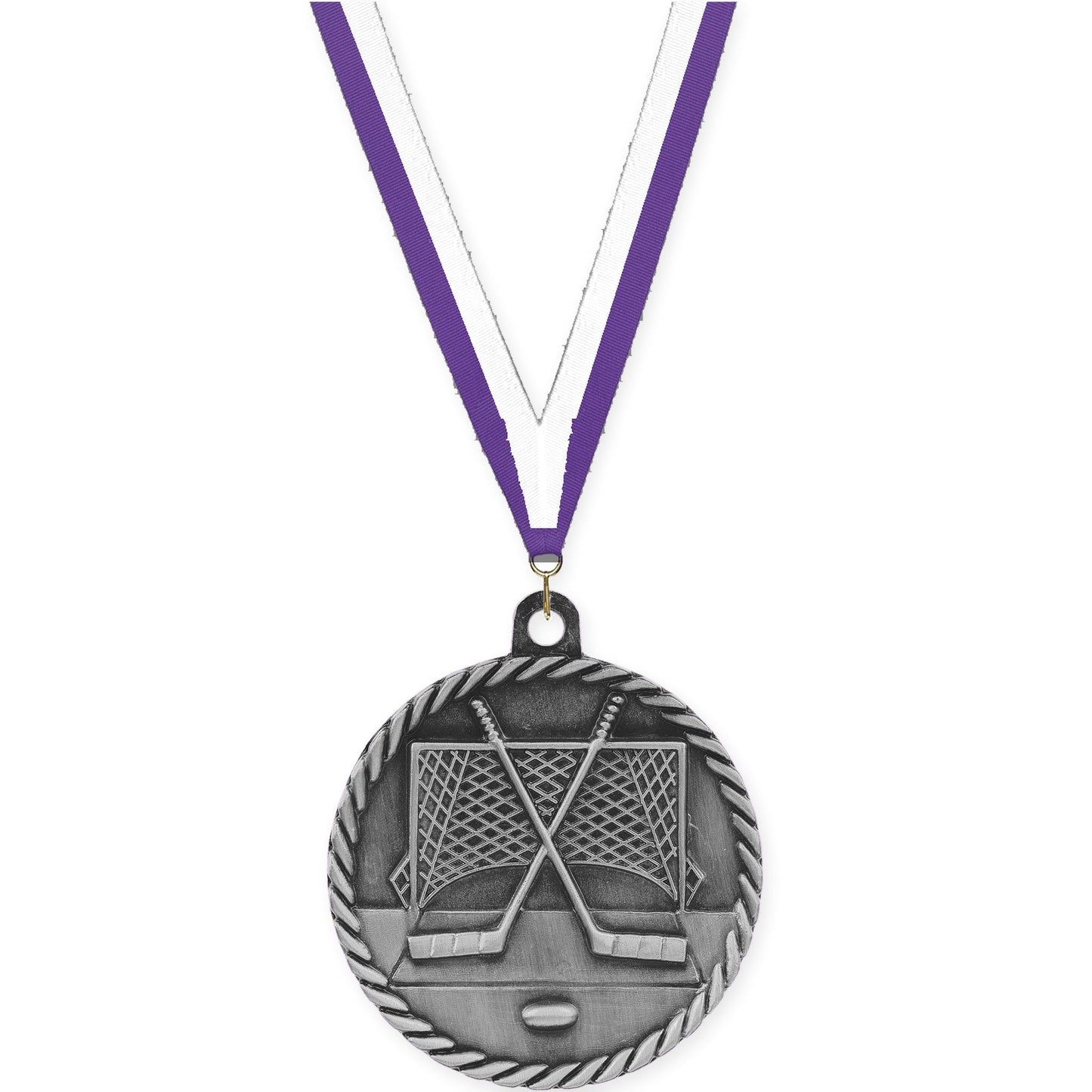 2 inch hockey High Relief medal in antique silver with Purple White neck ribbon