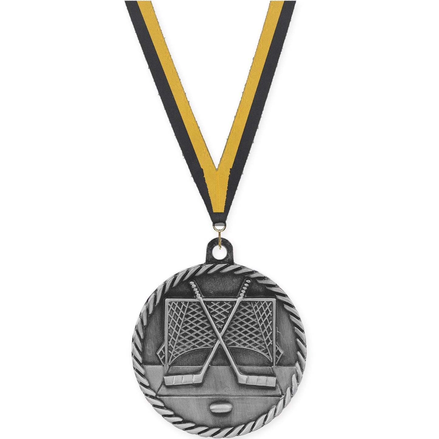 2 inch hockey High Relief medal in antique silver with Black Gold neck ribbon