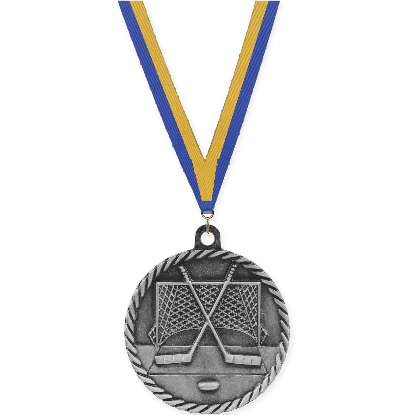 2 inch hockey High Relief medal in antique silver with Blue Gold neck ribbon