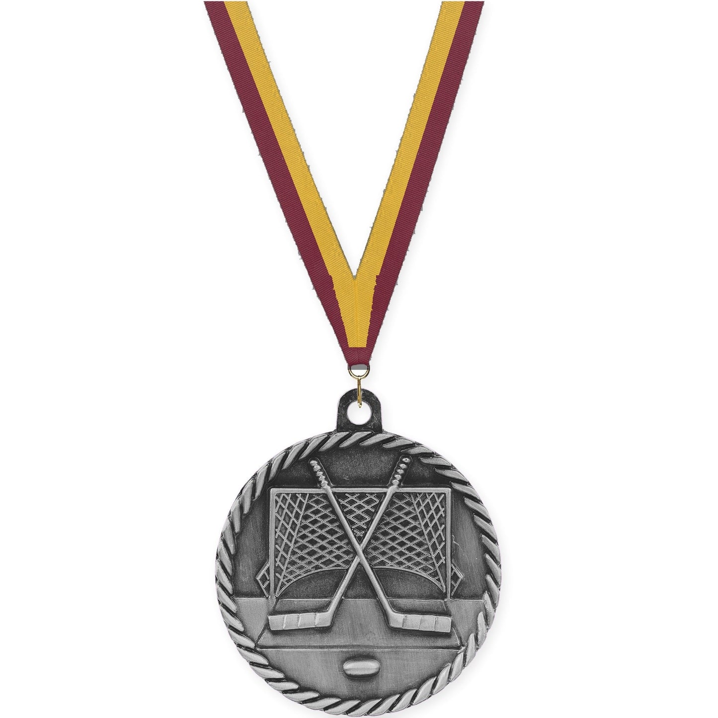 2 inch hockey High Relief medal in antique silver with Maroon Gold neck ribbon