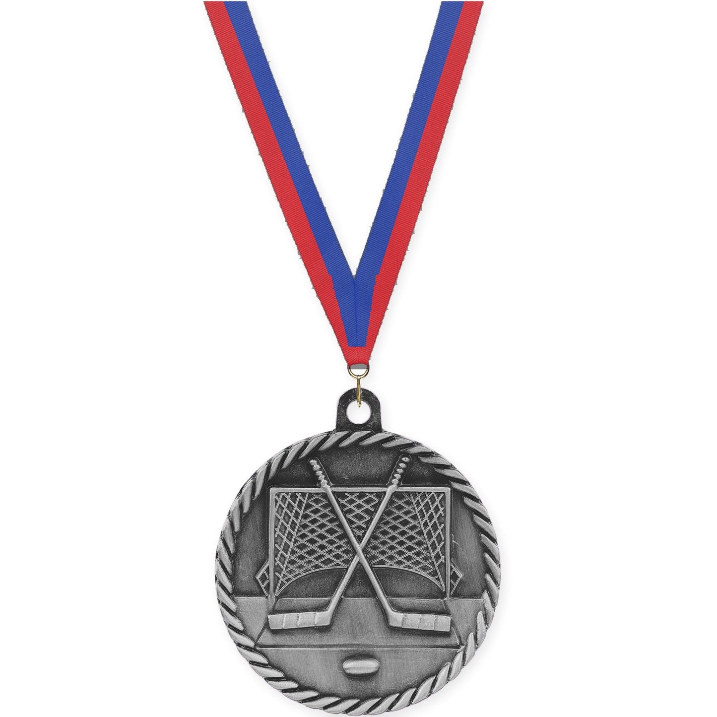 2 inch hockey High Relief medal in antique silver with Blue Red neck ribbon