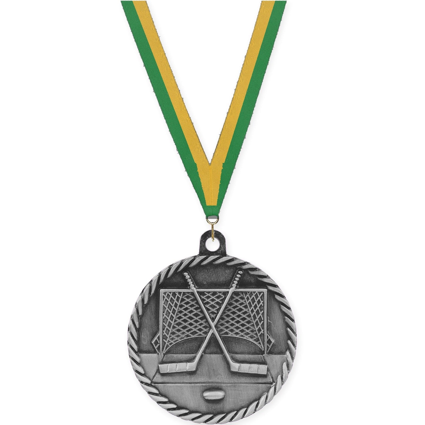 2 inch hockey High Relief medal in antique silver with Green Gold neck ribbon