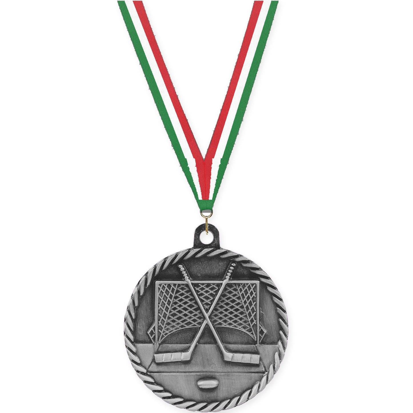 2 inch hockey High Relief medal in antique silver with Green White Red neck ribbon