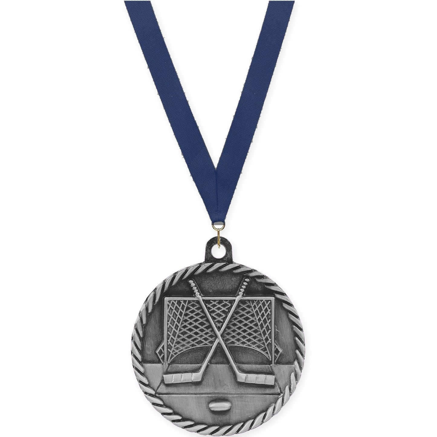 2 inch hockey High Relief medal in antique silver with Navy neck ribbon