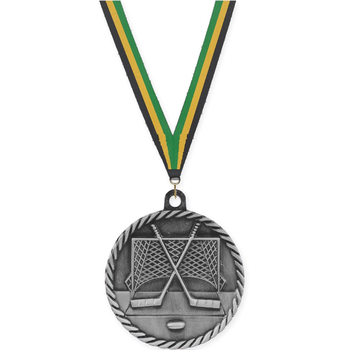 2 inch hockey High Relief medal in antique silver with Black Gold Green neck ribbon