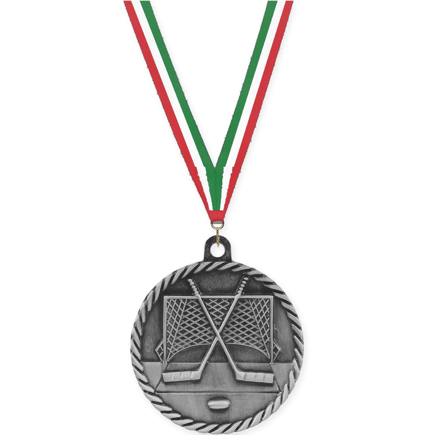 2 inch hockey High Relief medal in antique silver with Red White Green neck ribbon