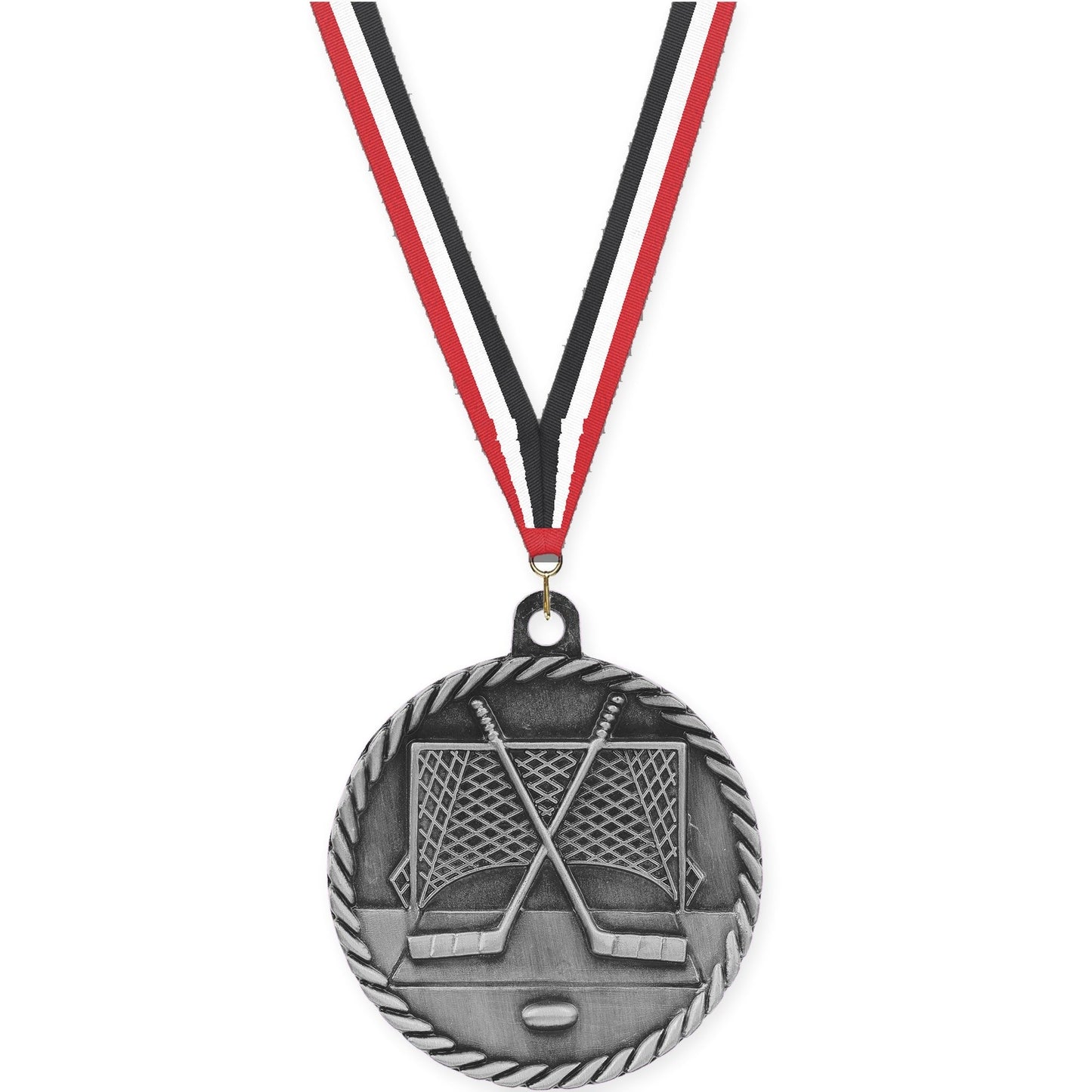 2 inch hockey High Relief medal in antique silver with Red White Black neck ribbon