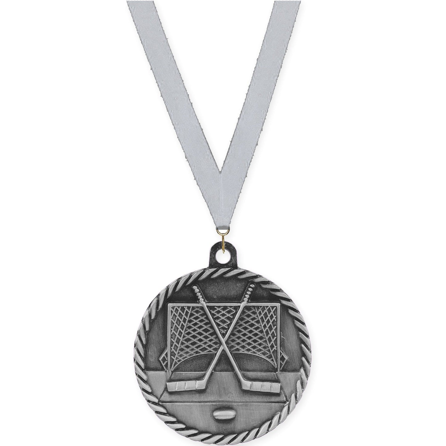 2 inch hockey High Relief medal in antique silver with Silver Metallic neck ribbon
