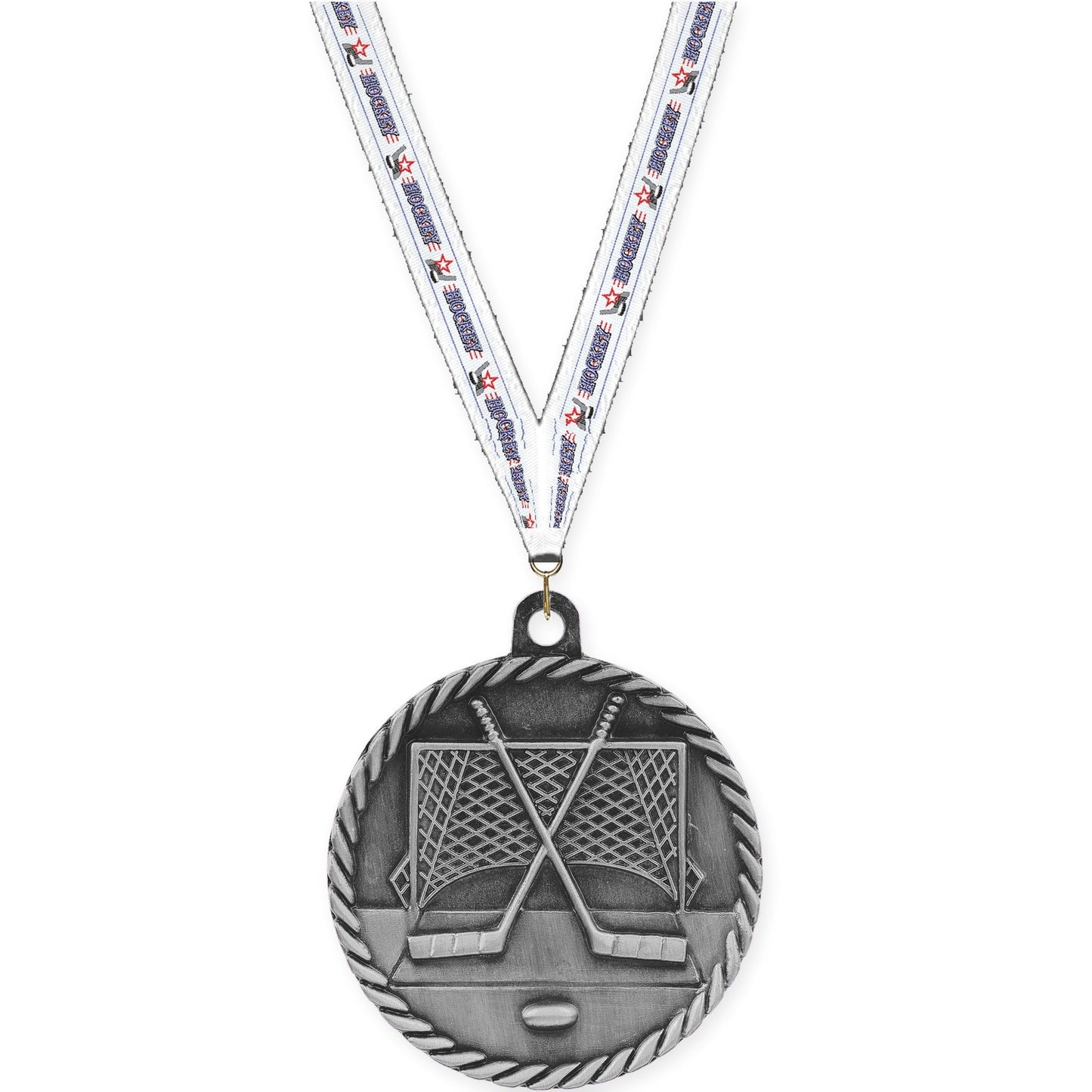 2 inch hockey High Relief medal in antique silver with Hockey neck ribbon