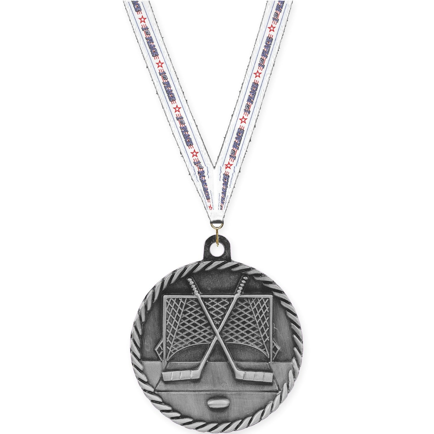 2 inch hockey High Relief medal in antique silver with 1st Place neck ribbon