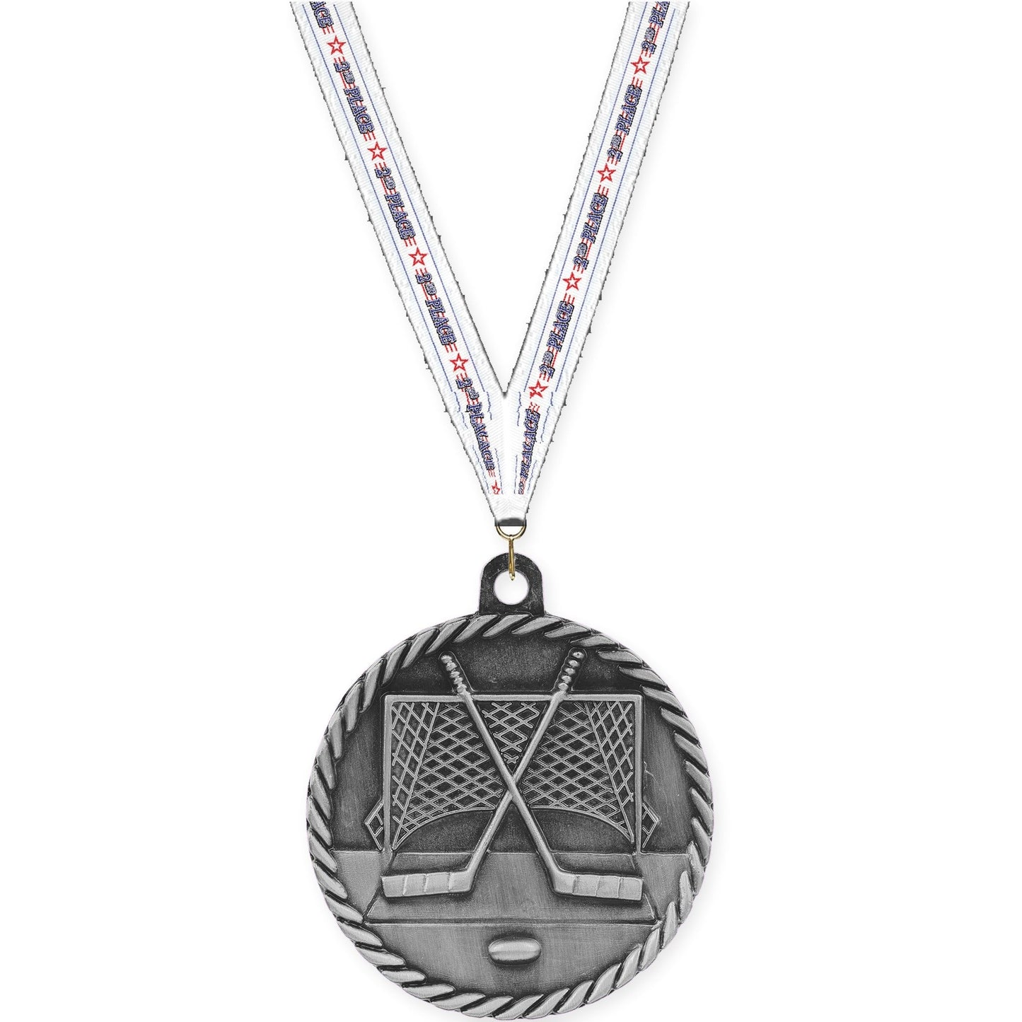 2 inch hockey High Relief medal in antique silver with 2nd Place neck ribbon