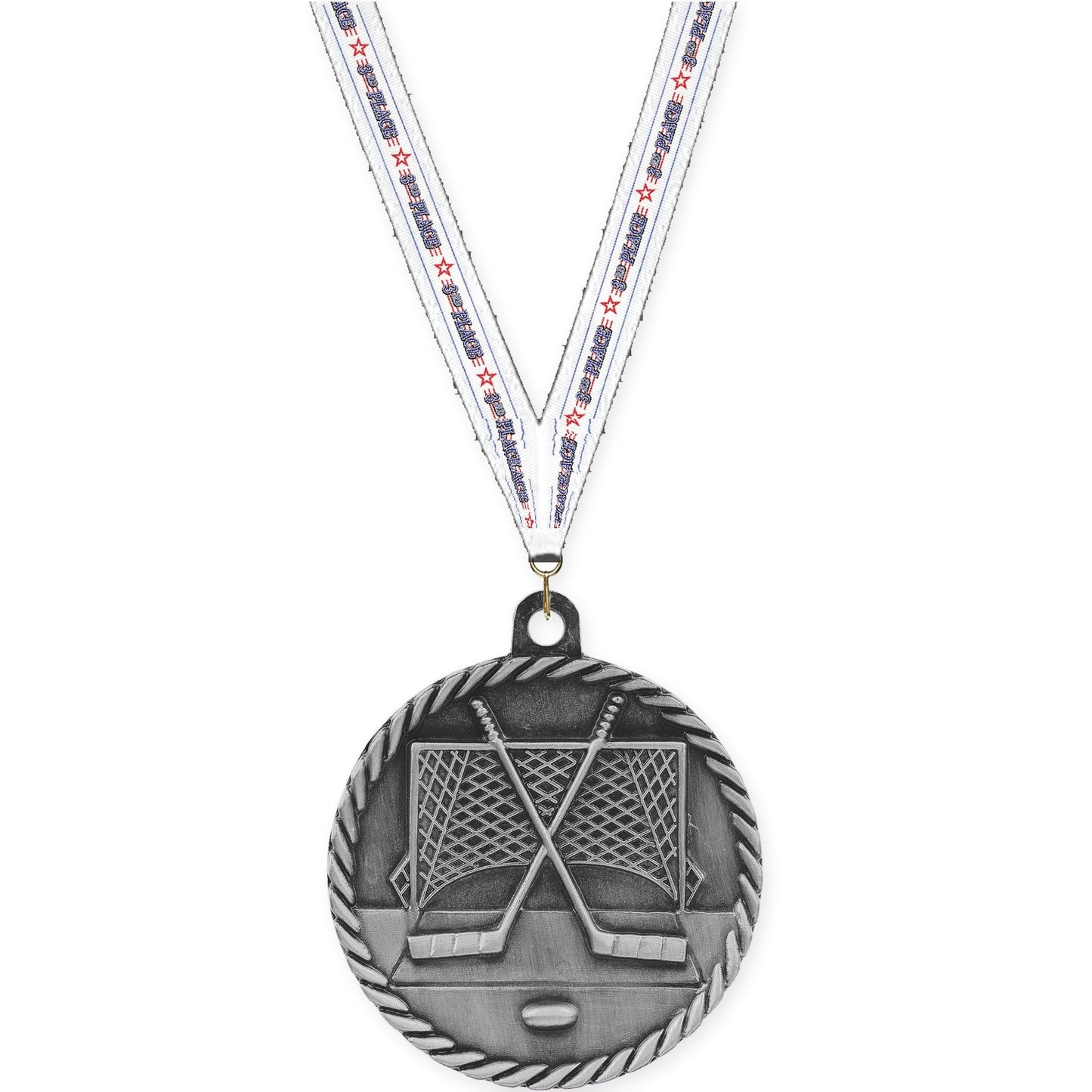 2 inch hockey High Relief medal in antique silver with 3rd Place neck ribbon