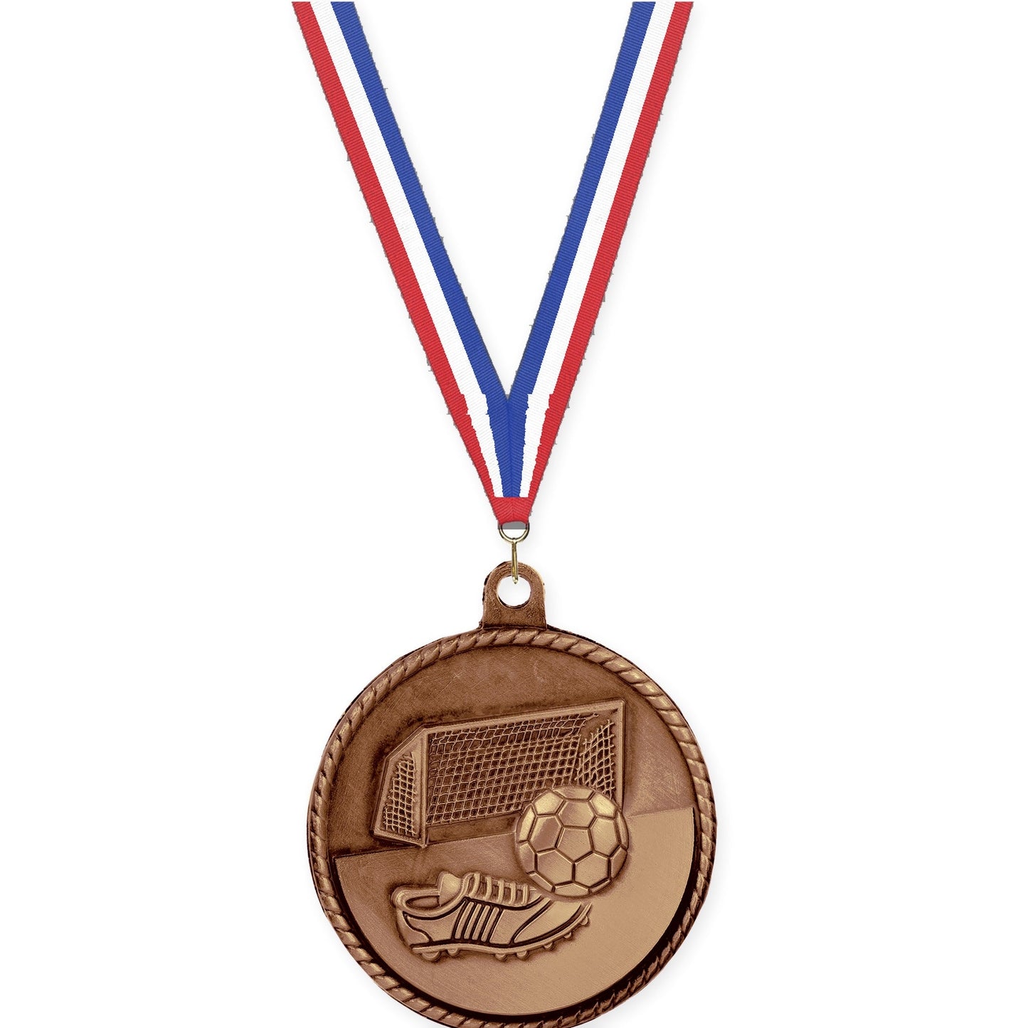 2 inch soccer High Relief medal in antique bronze with Red White Blue neck ribbon
