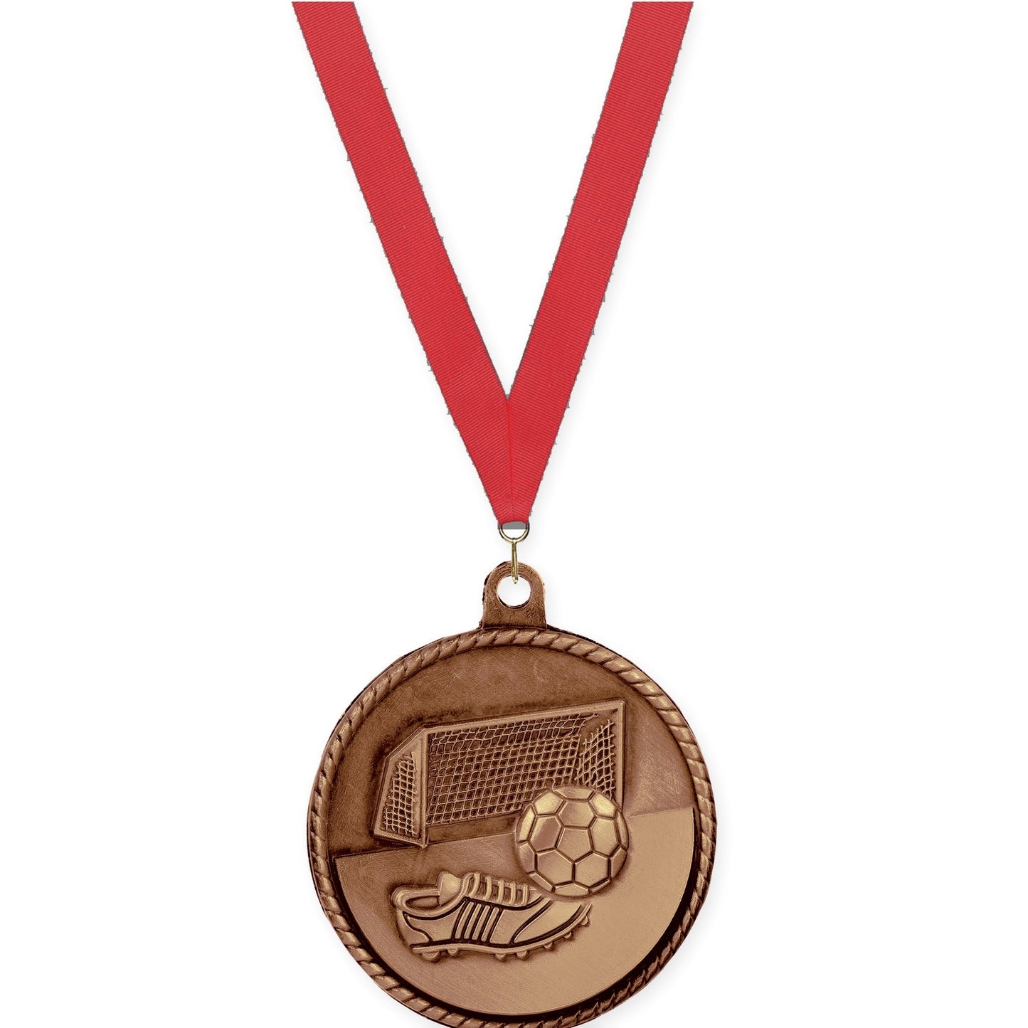 2 inch soccer High Relief medal in antique bronze with Red neck ribbon