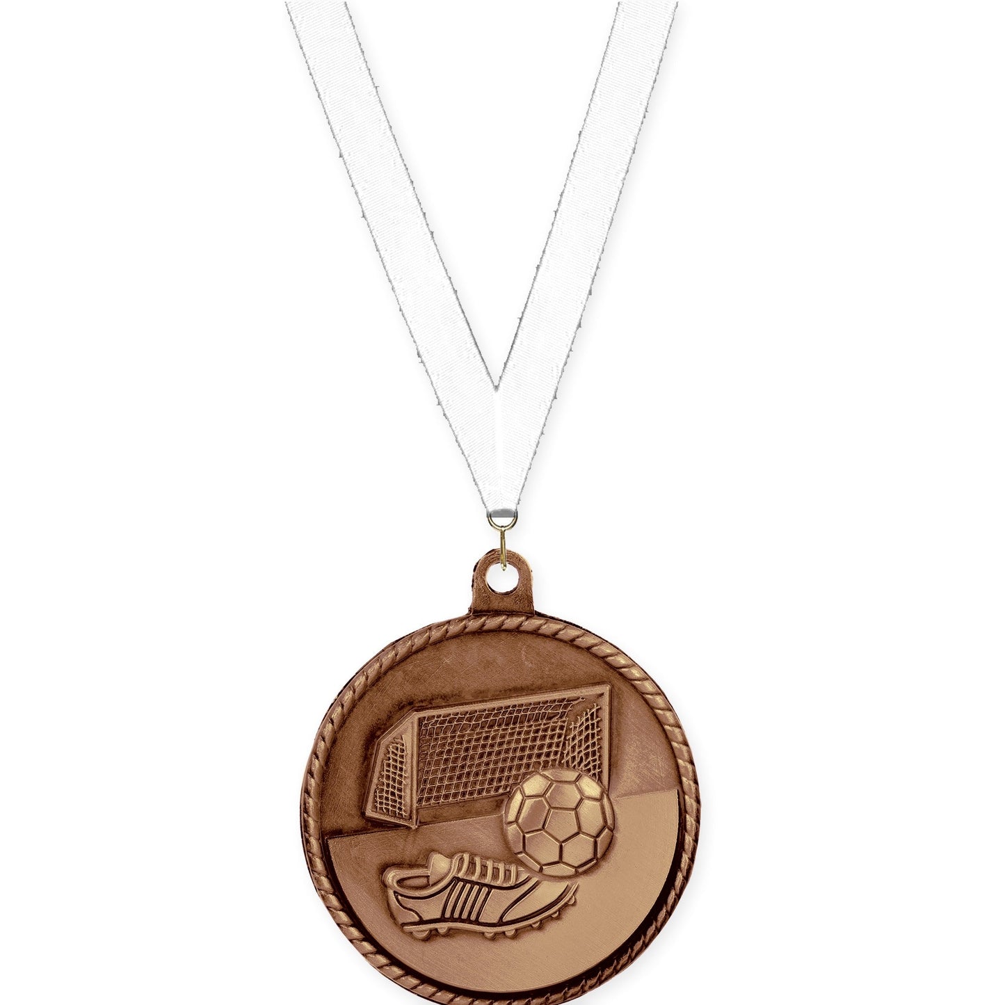 2 inch soccer High Relief medal in antique bronze with White neck ribbon