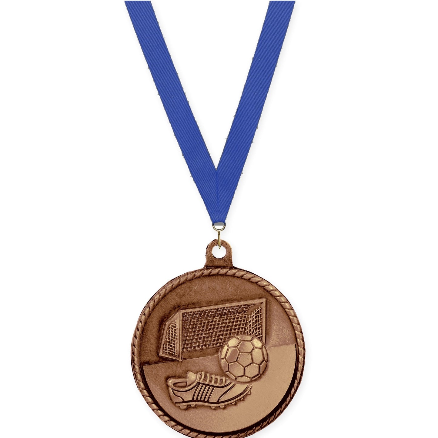 2 inch soccer High Relief medal in antique bronze with Blue neck ribbon