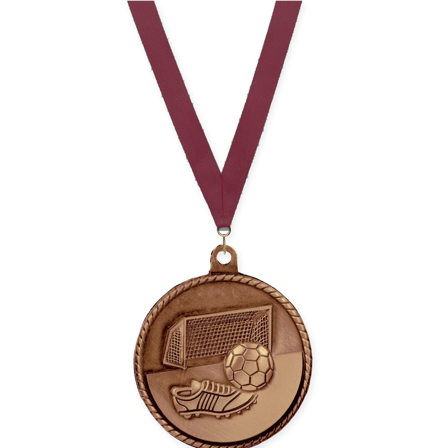 2 inch soccer High Relief medal in antique bronze with Maroon neck ribbon