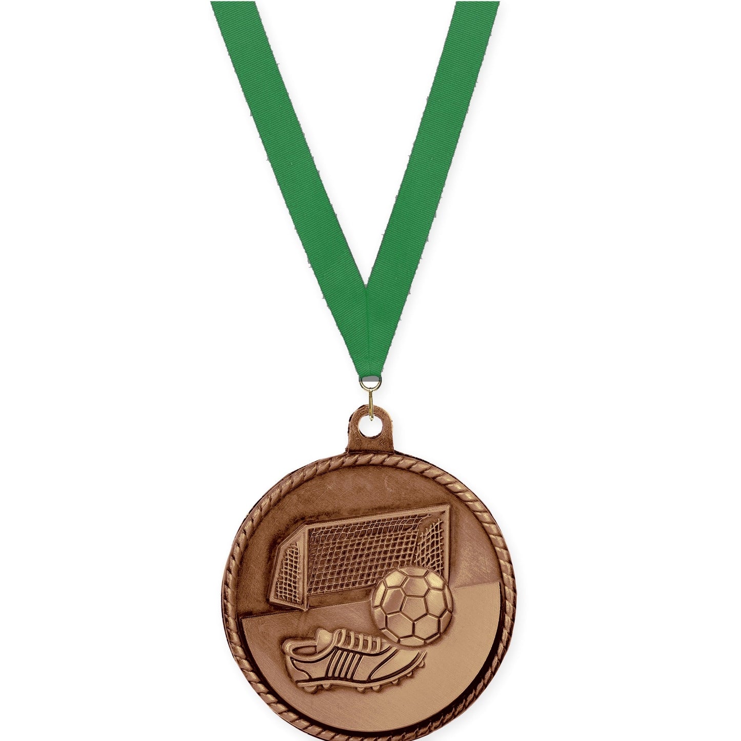 2 inch soccer High Relief medal in antique bronze with Green neck ribbon