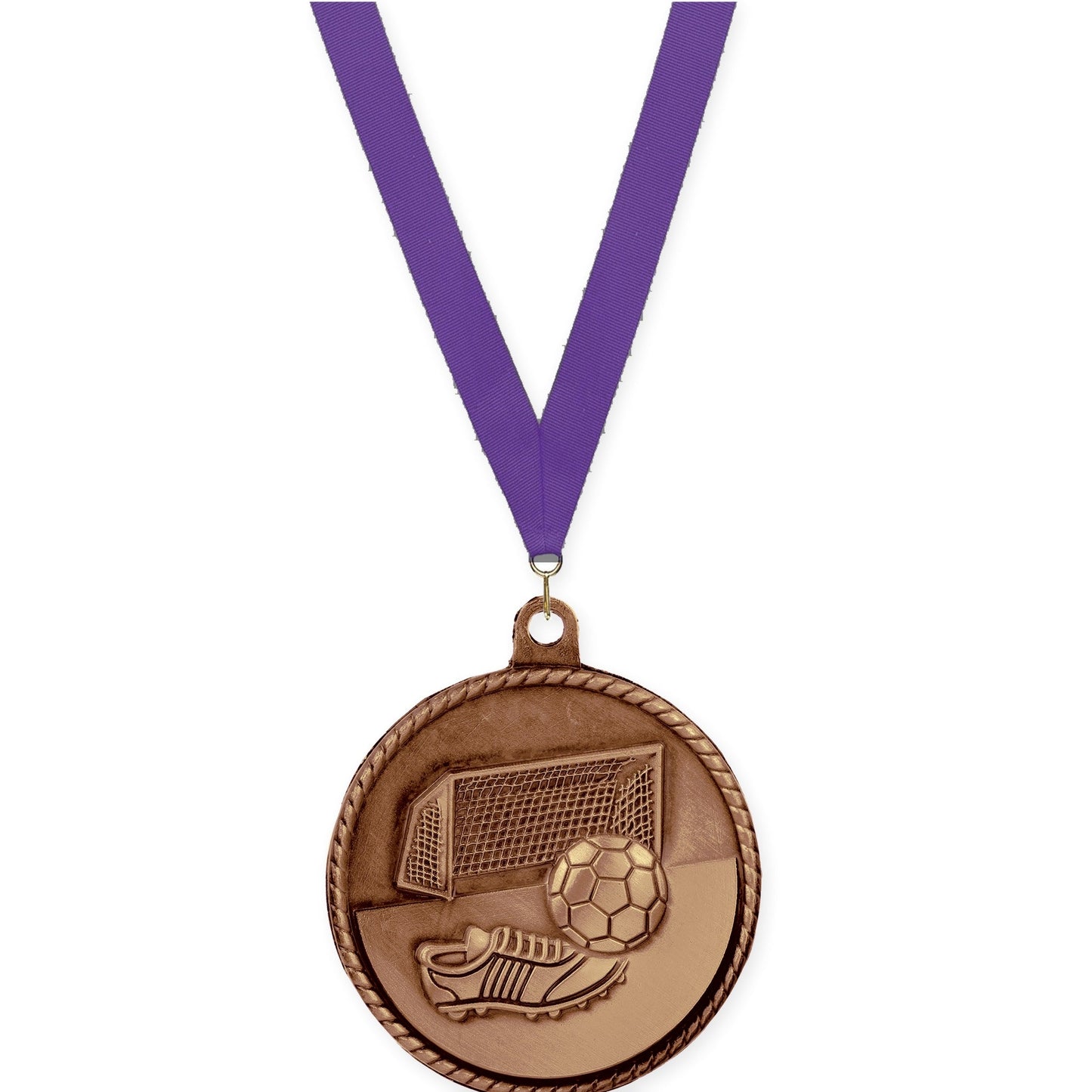 2 inch soccer High Relief medal in antique bronze with Purple neck ribbon
