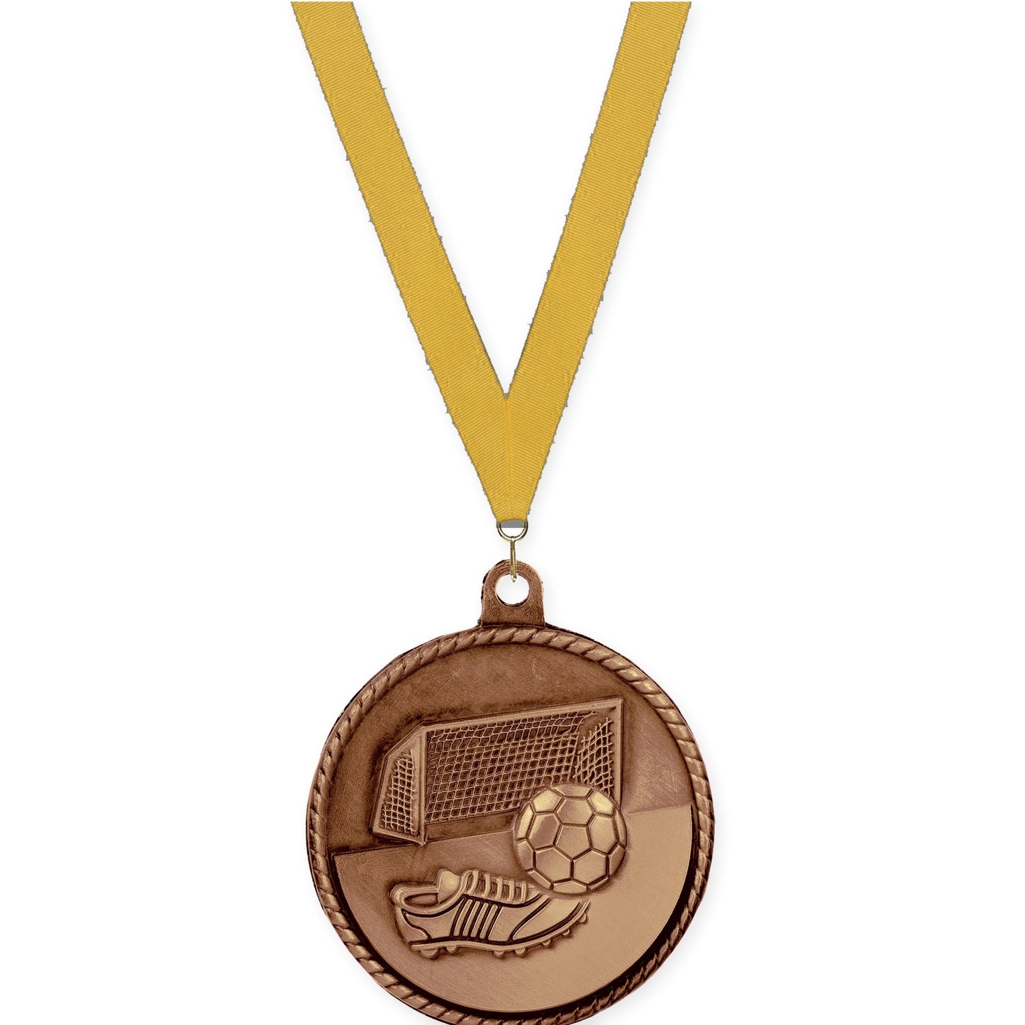 2 inch soccer High Relief medal in antique bronze with Gold neck ribbon