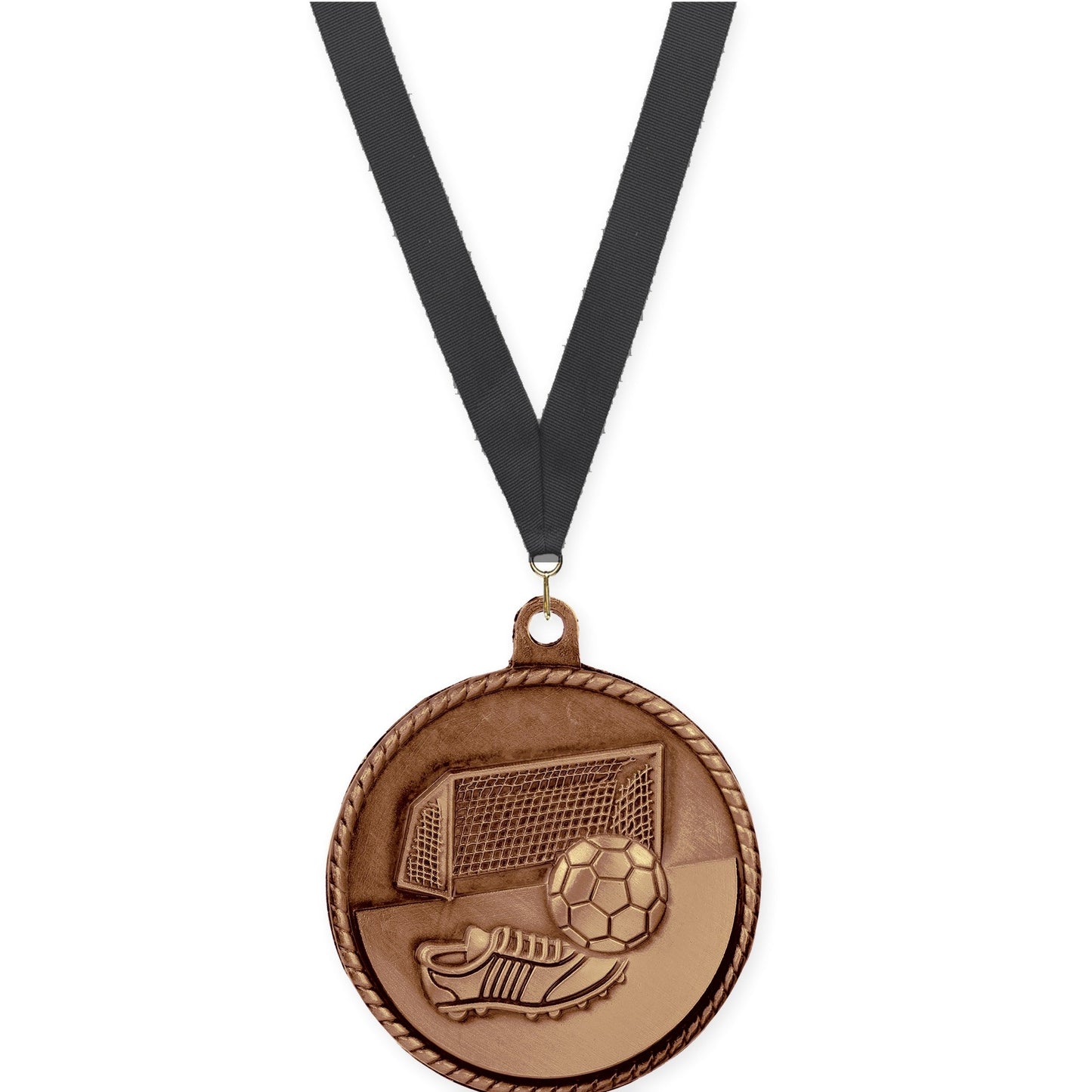 2 inch soccer High Relief medal in antique bronze with Black neck ribbon