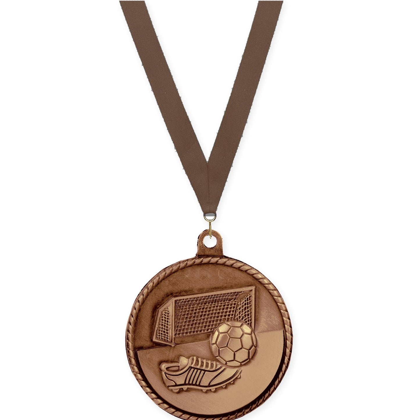 2 inch soccer High Relief medal in antique bronze with Brown neck ribbon