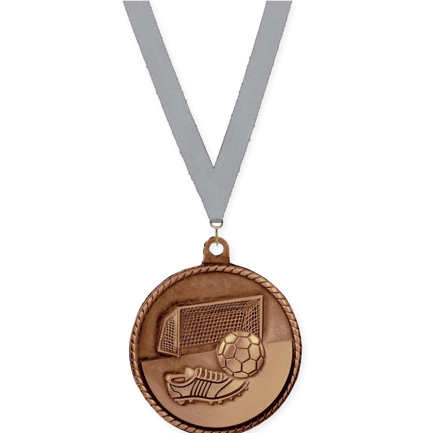 2 inch soccer High Relief medal in antique bronze with Gray neck ribbon